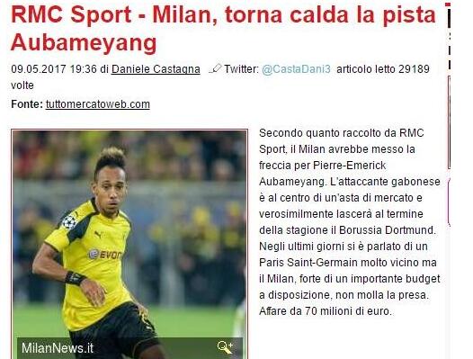 奥格斯堡VS多特蒙德 法媒：AC米兰有意引进多特前锋奥巴梅扬