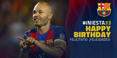 今天是5月11日，伊涅斯塔迎来自己33岁生日，巴塞罗那官方推特发推祝福小白生日快乐！
