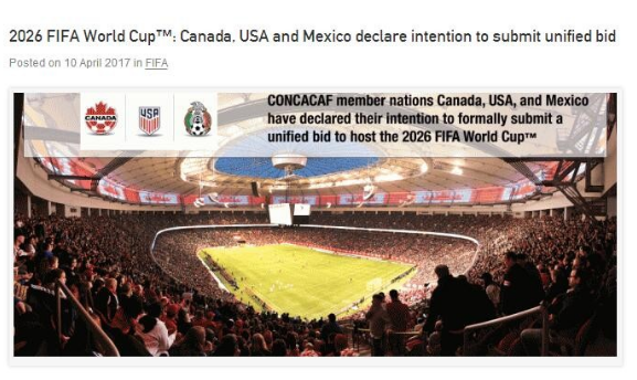 官方：北美三国将联合申办2026年世界杯